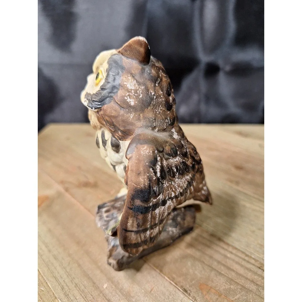 Vintage Ceramic Owl Figurine Hand Painted Great Horned Owl Bird Decor 4.5 Inch
